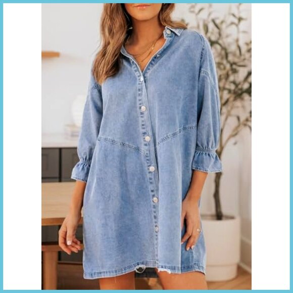 Smocked 3/4 Sleeve Button Down Denim Jean Dress Mini Loose Fit - Picture 4 of 7